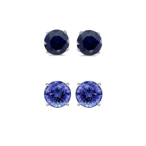 18k White Gold Plated 2Ct Created Black Sapphire and Tanzanite 2 Pair Round Stud Earrings