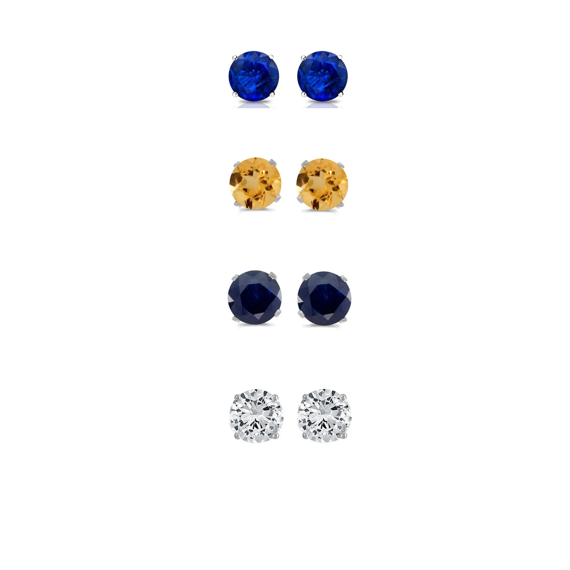 18k White Gold Plated 2Ct Created Blue Sapphire, Citrine, Black Sapphire and White Sapphire 4 Pair Round Stud Earrings