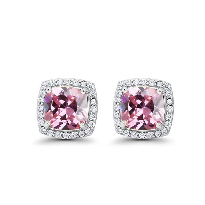 18k White Gold Plated 3 Ct Created Halo Princess Cut Pink Sapphire Stud Earrings