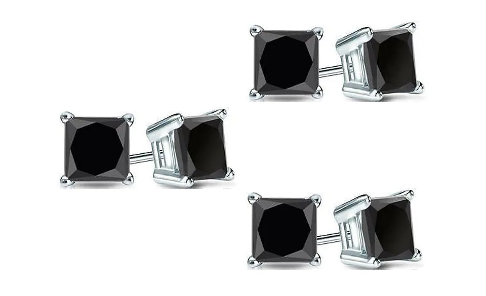 18k White Gold Plated Created Black Sapphire 2Ct Princess Cut Pack of Three Stud Earrings