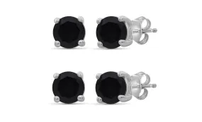 18k White Gold Plated Created Black Sapphire 3Ct Round Set of Two Stud Earrings