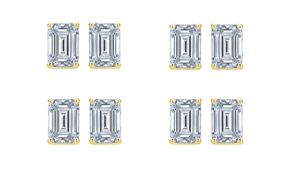 18k Yellow Gold 6mm 1Ct Emerald Cut White Sapphire Set Of Four Stud Earrings Plated