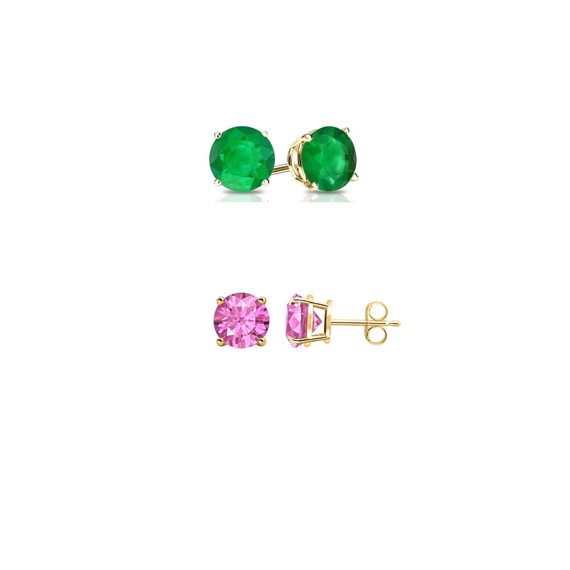 18k Yellow Gold Plated 2Ct Created Emerald and Pink sapphire 2 Pair Round Stud Earrings