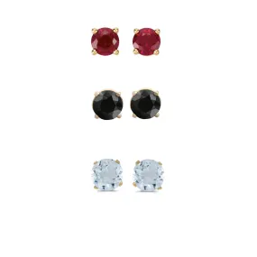 18k Yellow Gold Plated 2Ct Created Garnet, Black Sapphire and Aquamarine 3 Pair Round Stud Earrings