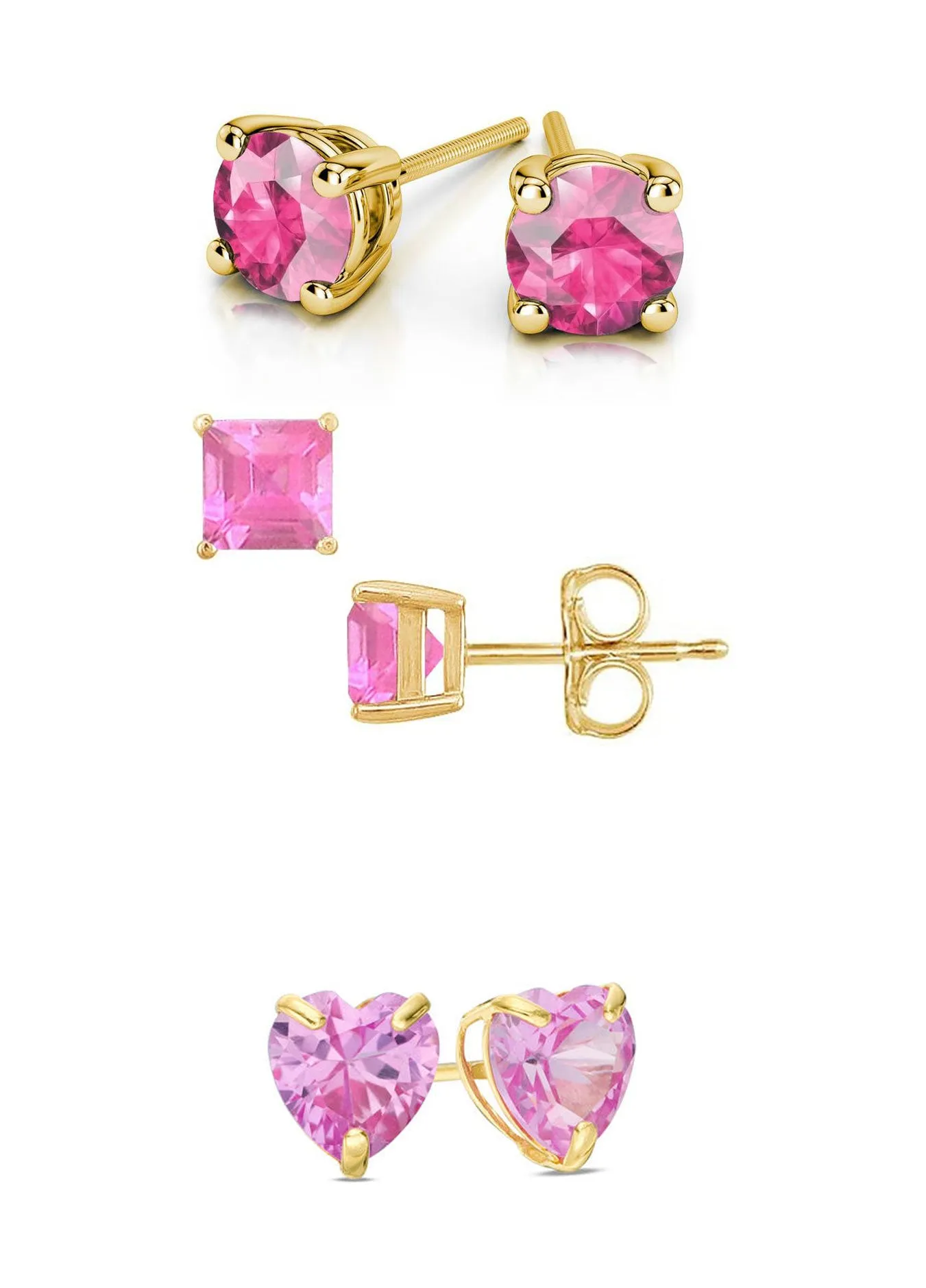 18k Yellow Gold Plated 3Cttw 8mm Created Pink Sapphire 3 Pair Round, Square and Heart Stud Earrings