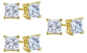 18k Yellow Gold Plated Created White Sapphire 1 Carat Square Cut Pack of Three Stud Earrings