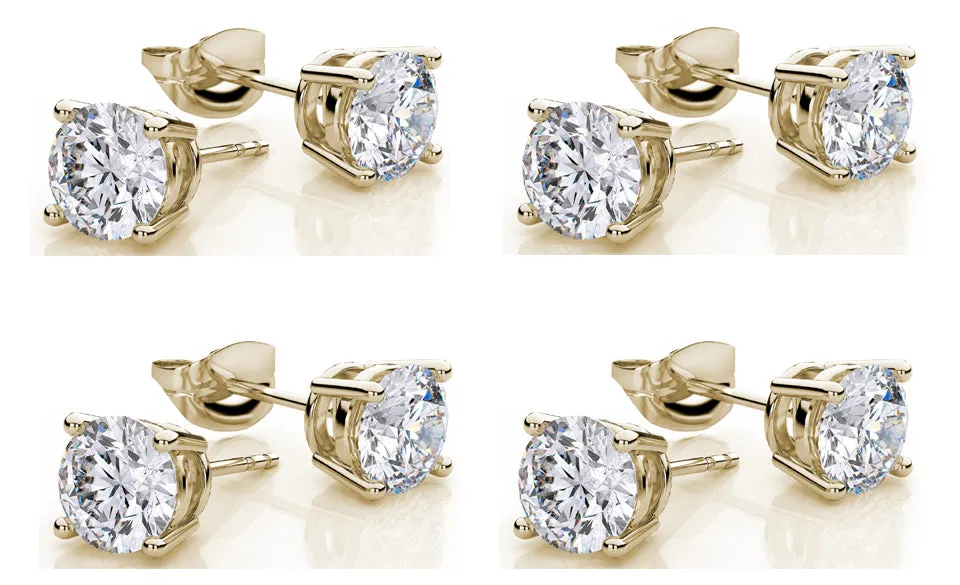 18k Yellow Gold Plated Created White Sapphire 1/2 Carat Round Pack of Four Stud Earrings