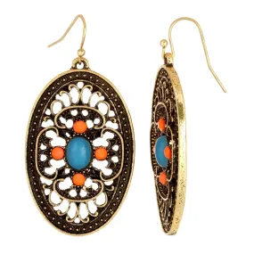 1928 Jewelry Brass Turquoise And Coral Filigree Oval Drop Earrings