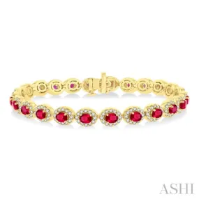 2 1/6 ctw Oval Cut 4X3MM Ruby and Round Cut Diamond Halo Precious Tennis Bracelet in 14K Yellow Gold