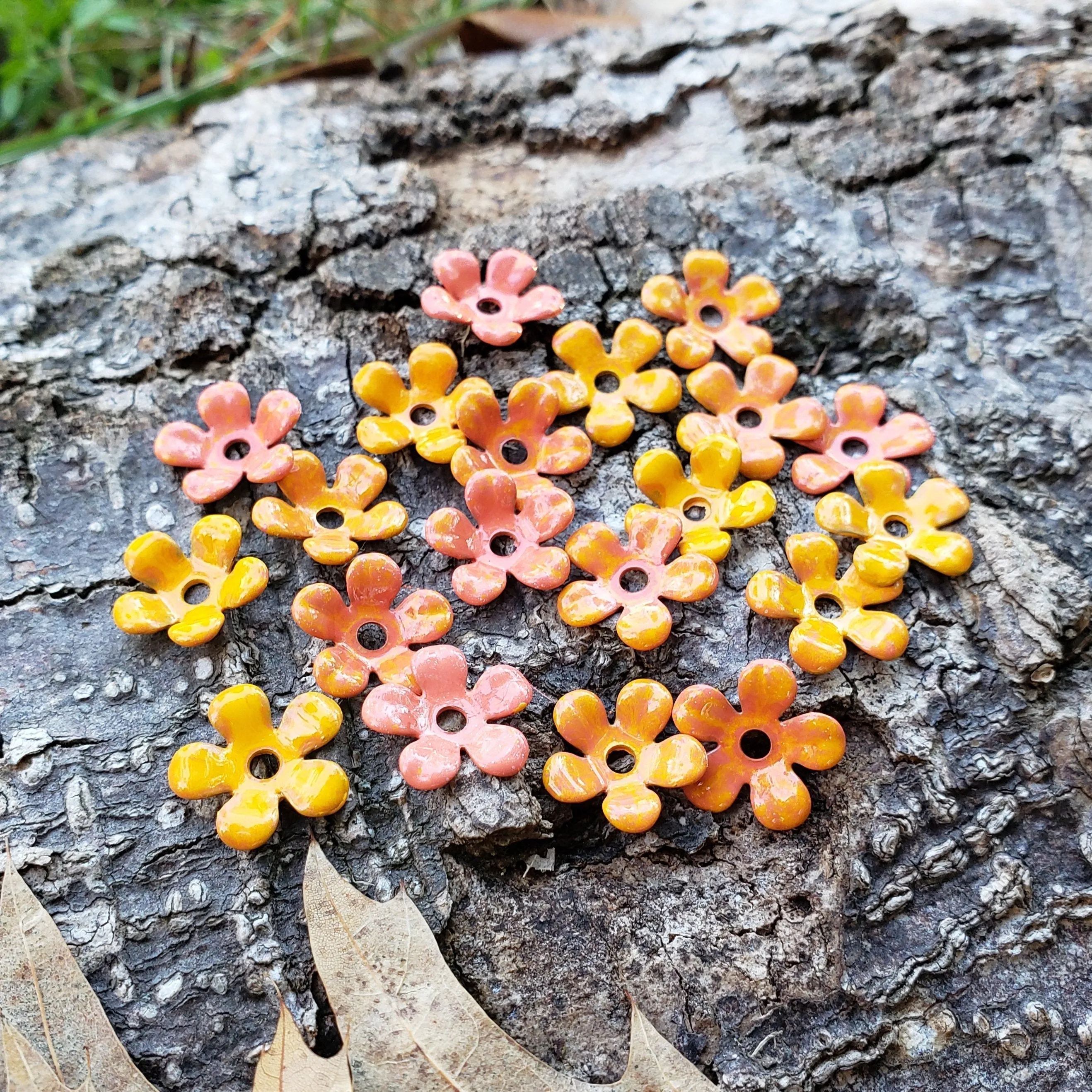 20 Pcs Enamel Flower Layers Yellow Coral Orange 1/2 Inch (12-13mm)