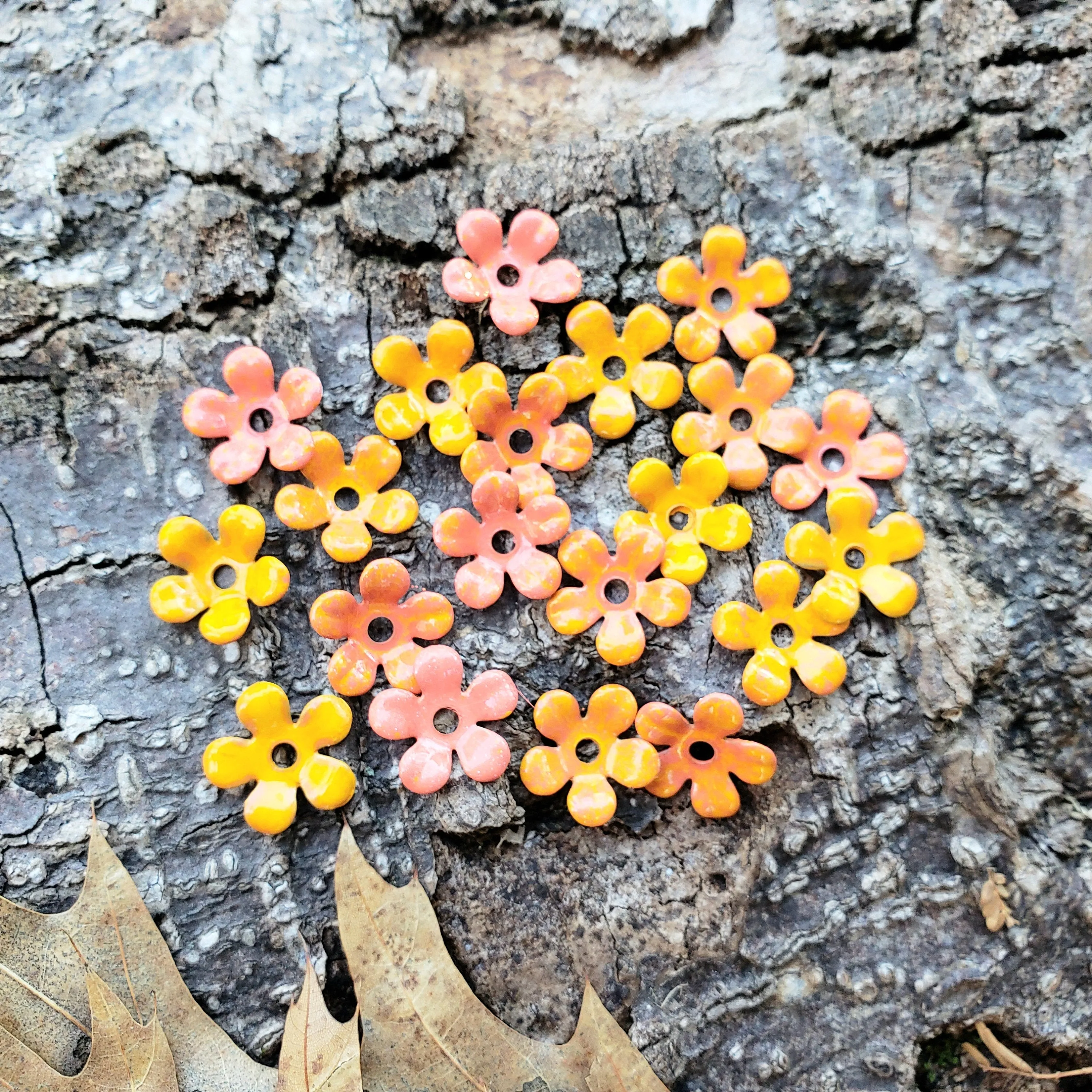 20 Pcs Enamel Flower Layers Yellow Coral Orange 1/2 Inch (12-13mm)