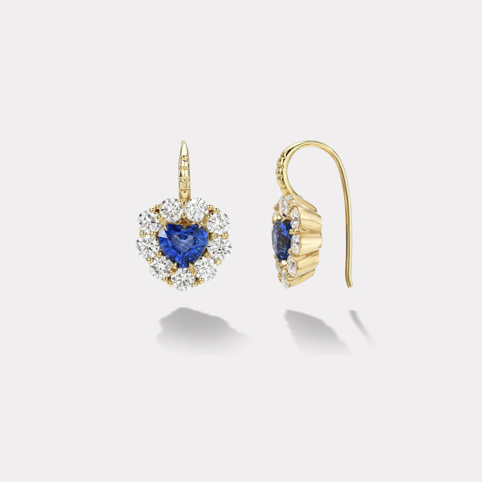 2.06ct Heart Blue Sapphires with Diamond Halo Heirloom Bezel Earrings