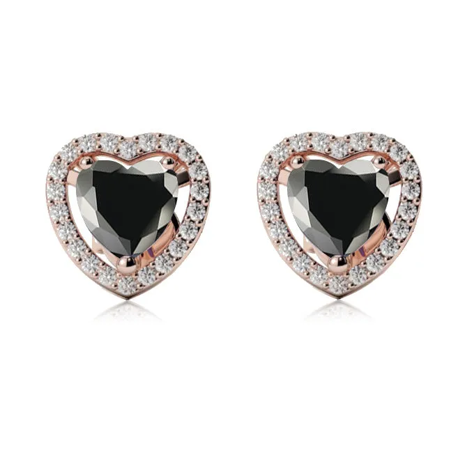 24k Rose Gold Plated 4 Ct Created Halo Heart Black Sapphire Stud Earrings