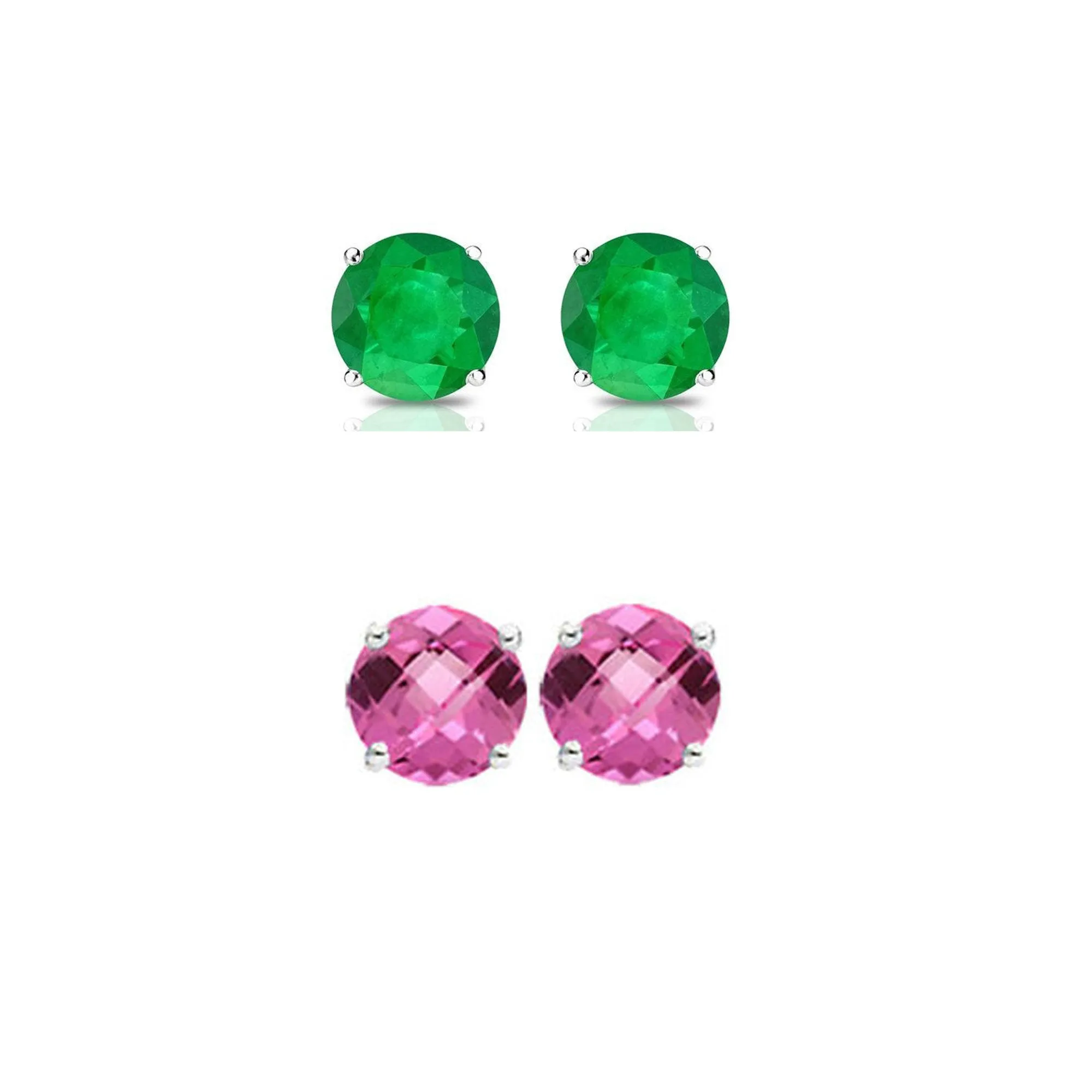 24k White Gold Plated 4Ct Created Emerald and Pink sapphire 2 Pair Round Stud Earrings