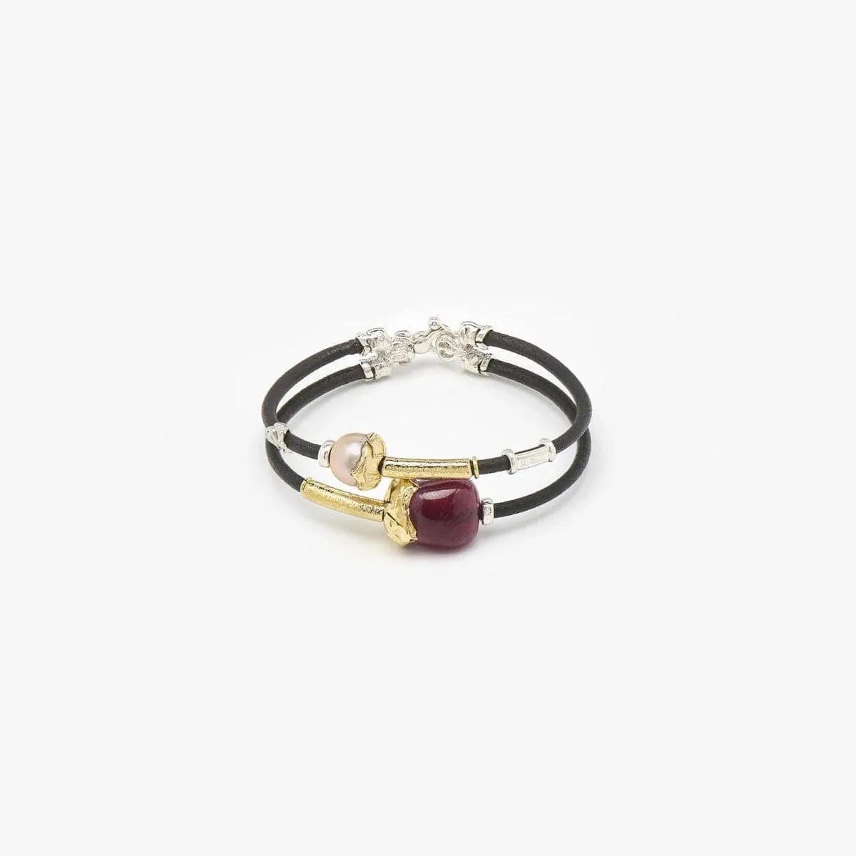 3mm Leather Double Bracelet with 18K Gold, Ruby, Natural Pearl and Silver Elements