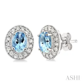 7x5 MM Oval Cut Aquamarine and 3/8 Ctw Round Cut Diamond Earrings in 14K White Gold