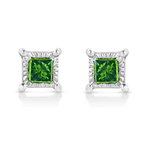 .925 Sterling Silver 1/10 Cttw Miracle Set Princess-Cut Treated Green Diamond Stud Earrings (Green Color, I1-I2 Clarity)