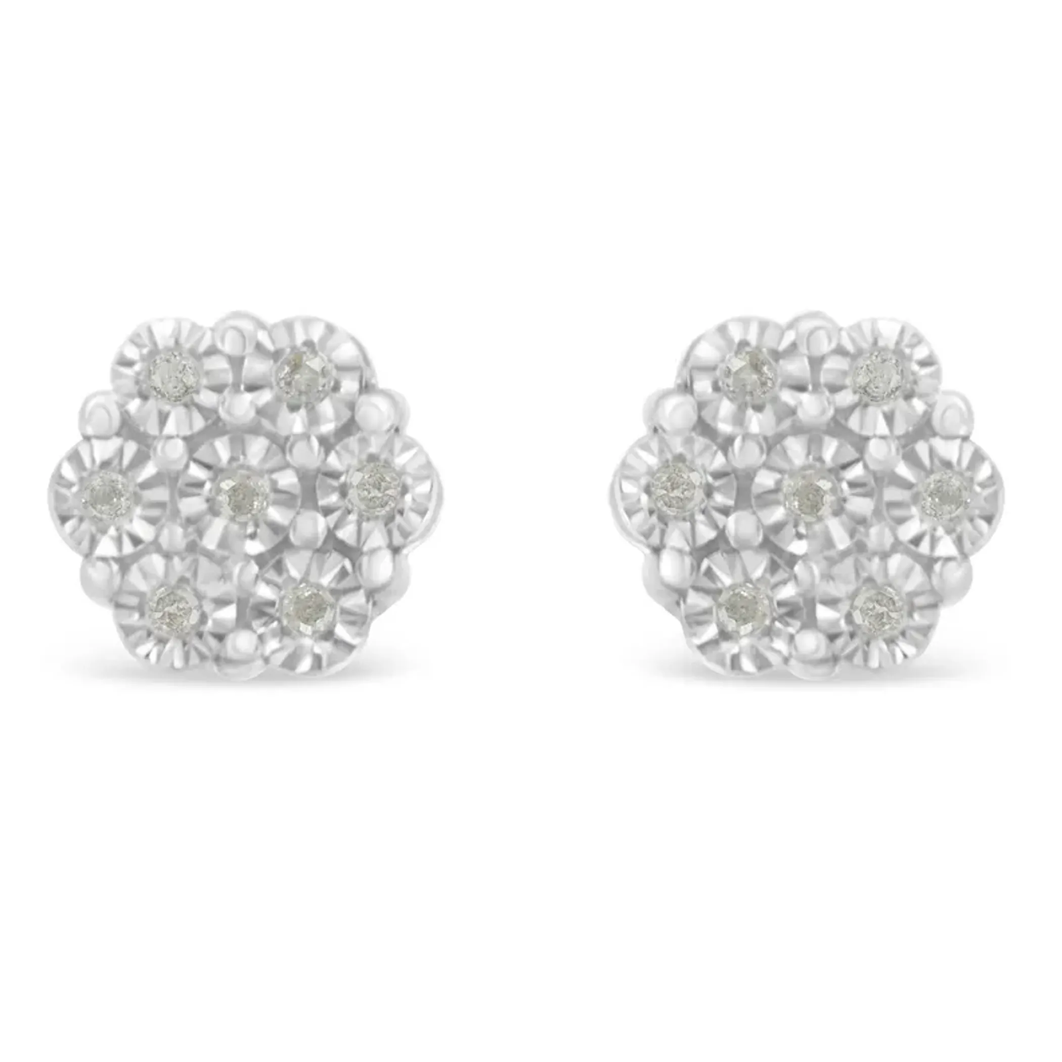 .925 Sterling Silver 1/10 Cttw Round-Cut Diamond Miracle-Set Floral Cluster Button Stud Earrings (I-J Color, I2-I3 Clarity)