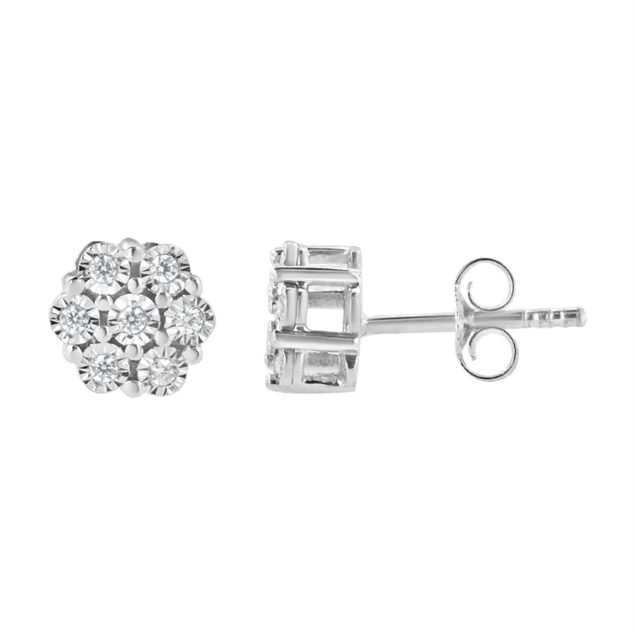 .925 Sterling Silver 1/10 Cttw Round-Cut Diamond Miracle-Set Floral Cluster Button Stud Earrings (I-J Color, I2-I3 Clarity)