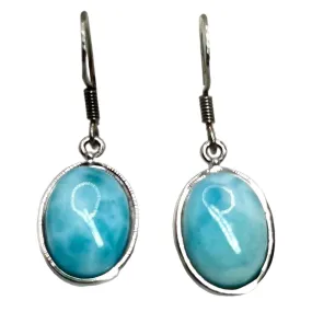 925 Sterling Silver KHR Larimar Oval Cabochon Dangle Drop Earrings Simple Blue