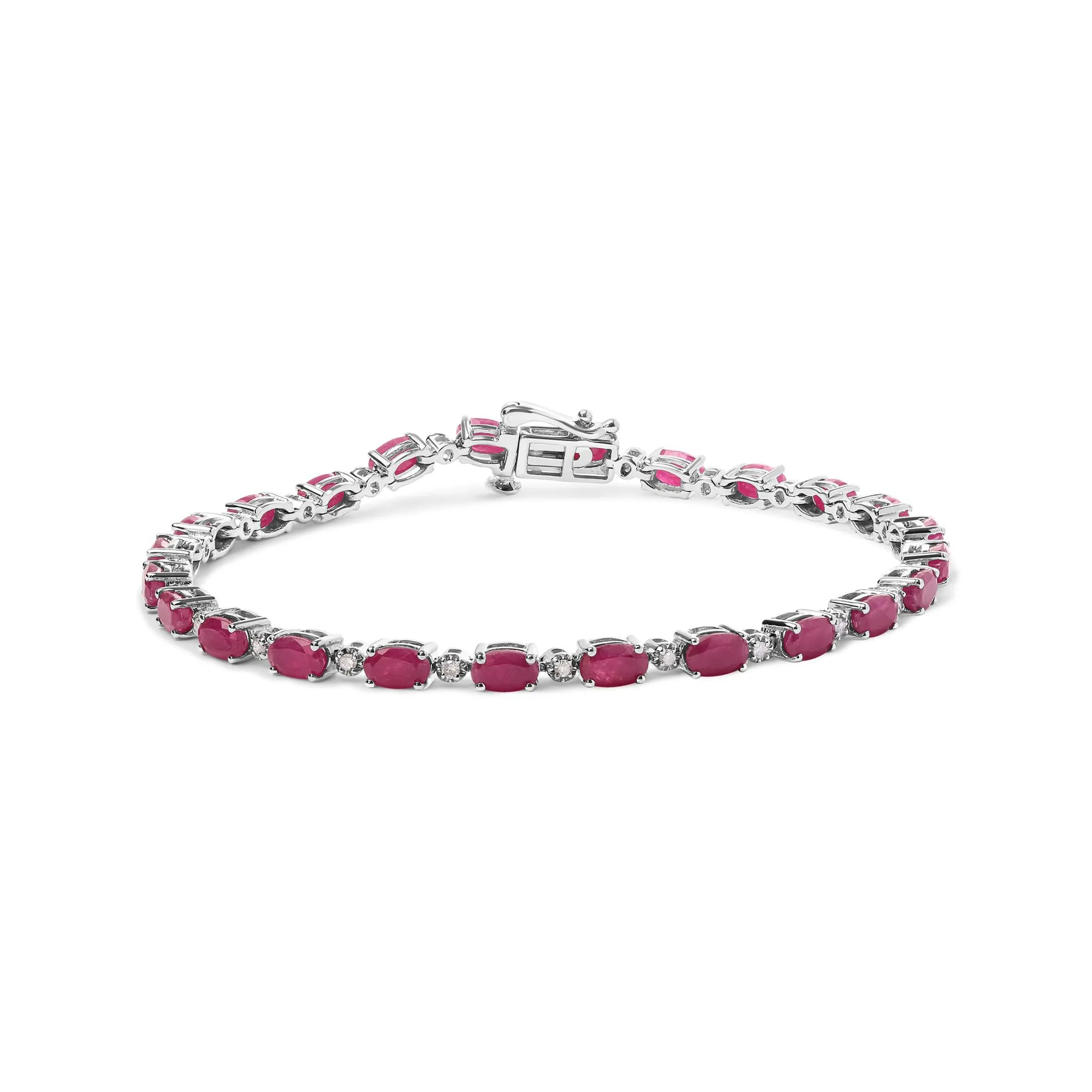 .925 Sterling Silver Oval Ruby and 1/4 Cttw Diamond Link Bracelet - Size 7.25" -  (I-J Color, I2-I3 Clarity)