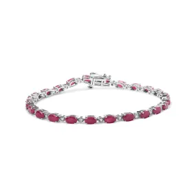 .925 Sterling Silver Oval Ruby and 1/4 Cttw Diamond Link Bracelet - Size 7.25" -  (I-J Color, I2-I3 Clarity)