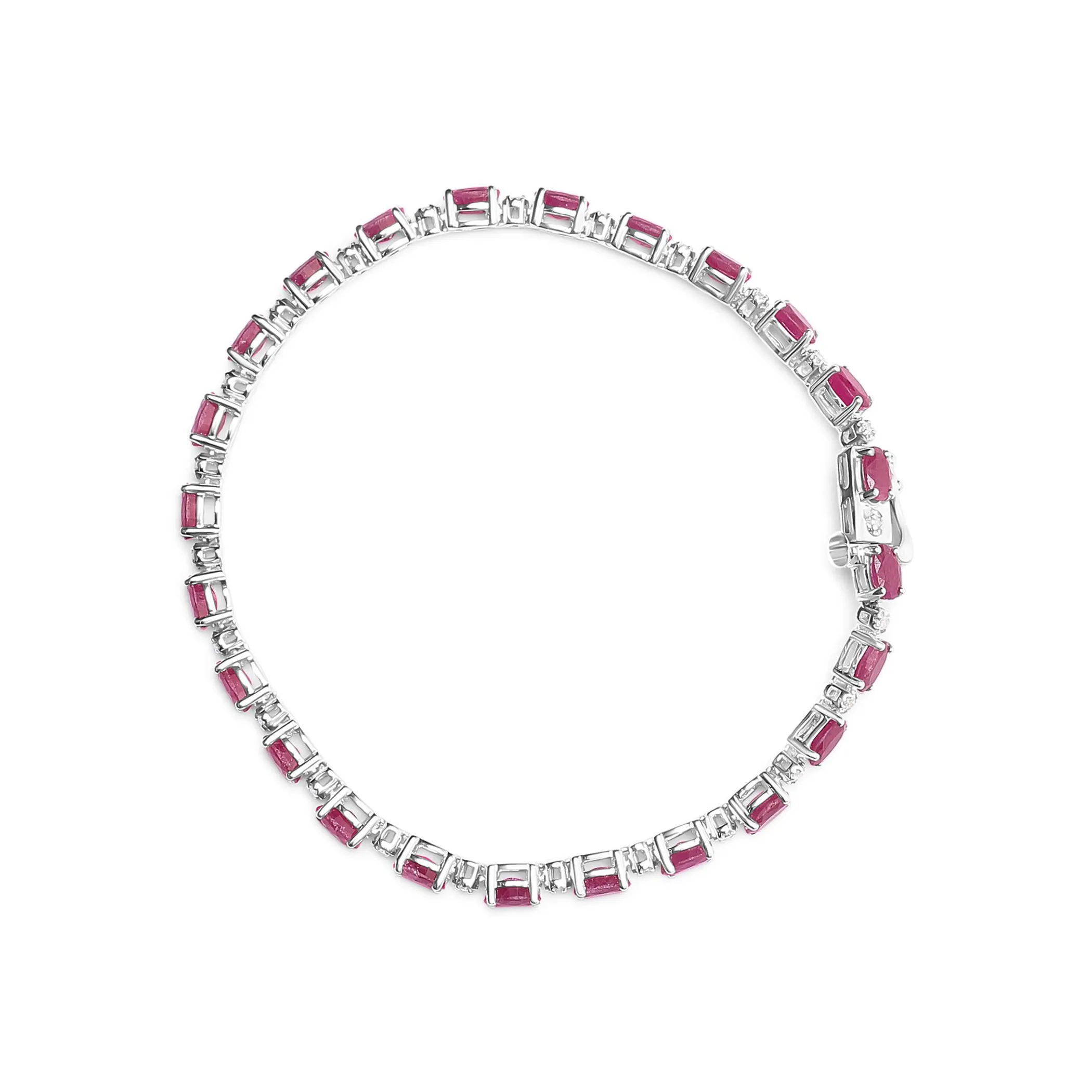 .925 Sterling Silver Oval Ruby and 1/4 Cttw Diamond Link Bracelet - Size 7.25" -  (I-J Color, I2-I3 Clarity)