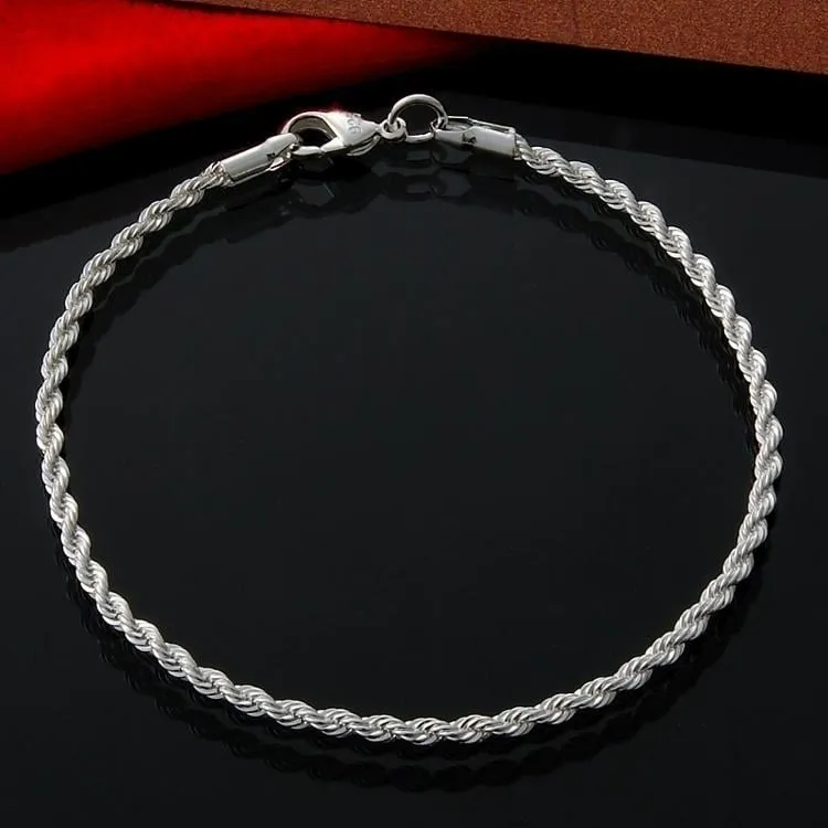 925 Sterling Silver Rope Chain Bracelet Anklet Gold Silver 8 Inch Women 3mm