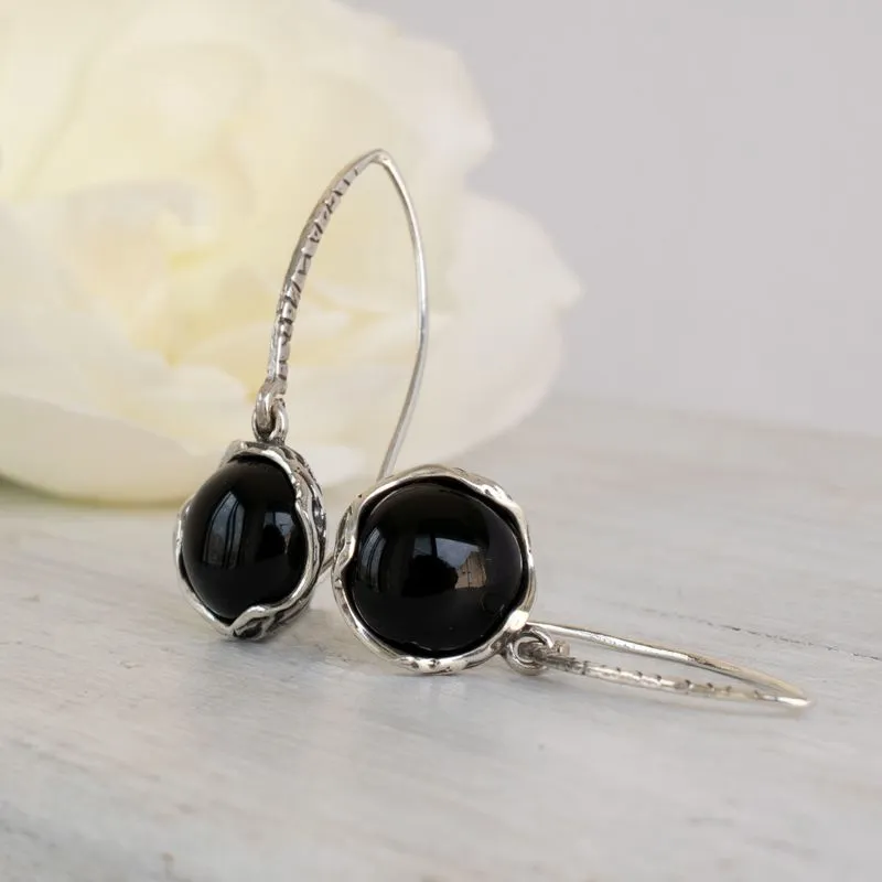 925 Sterling Silver Round Black Onyx 12mm Dangle Earrings