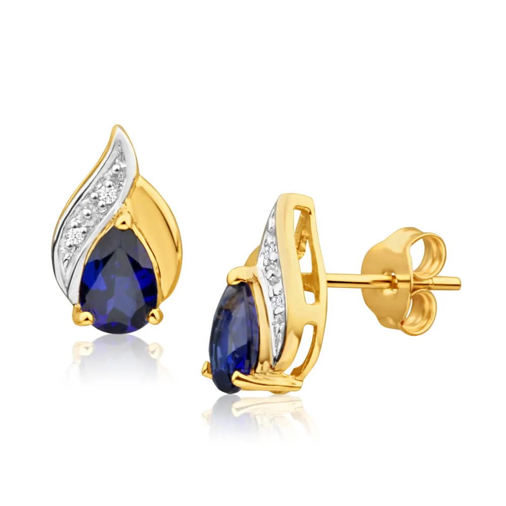 9ct Yellow Gold Created Blue Sapphire   Diamond Stud Earrings