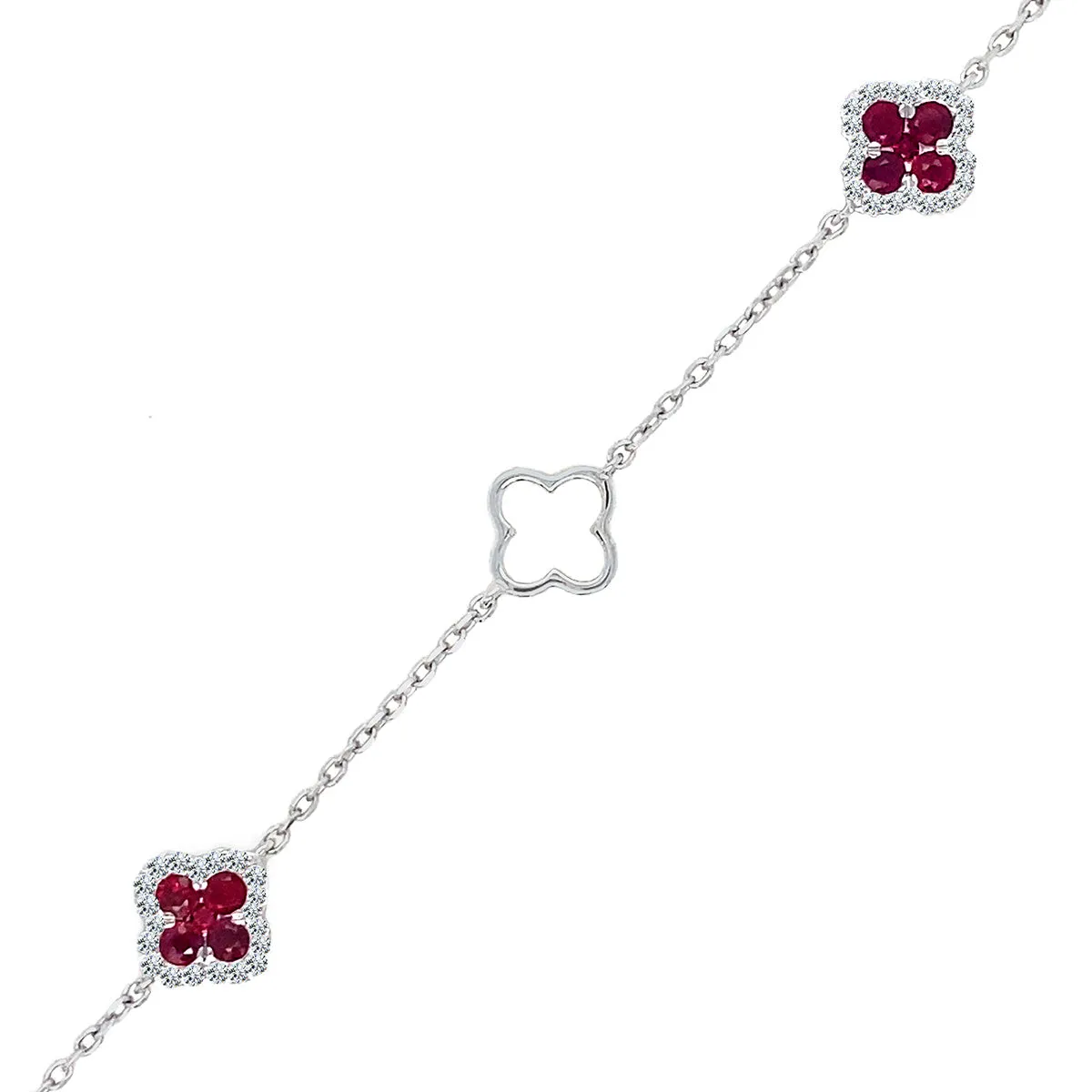 9K White Gold Diamond & Ruby Quatrefoil Bracelet 6.5’’-7.5"