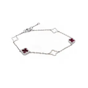 9K White Gold Diamond & Ruby Quatrefoil Bracelet 6.5’’-7.5"