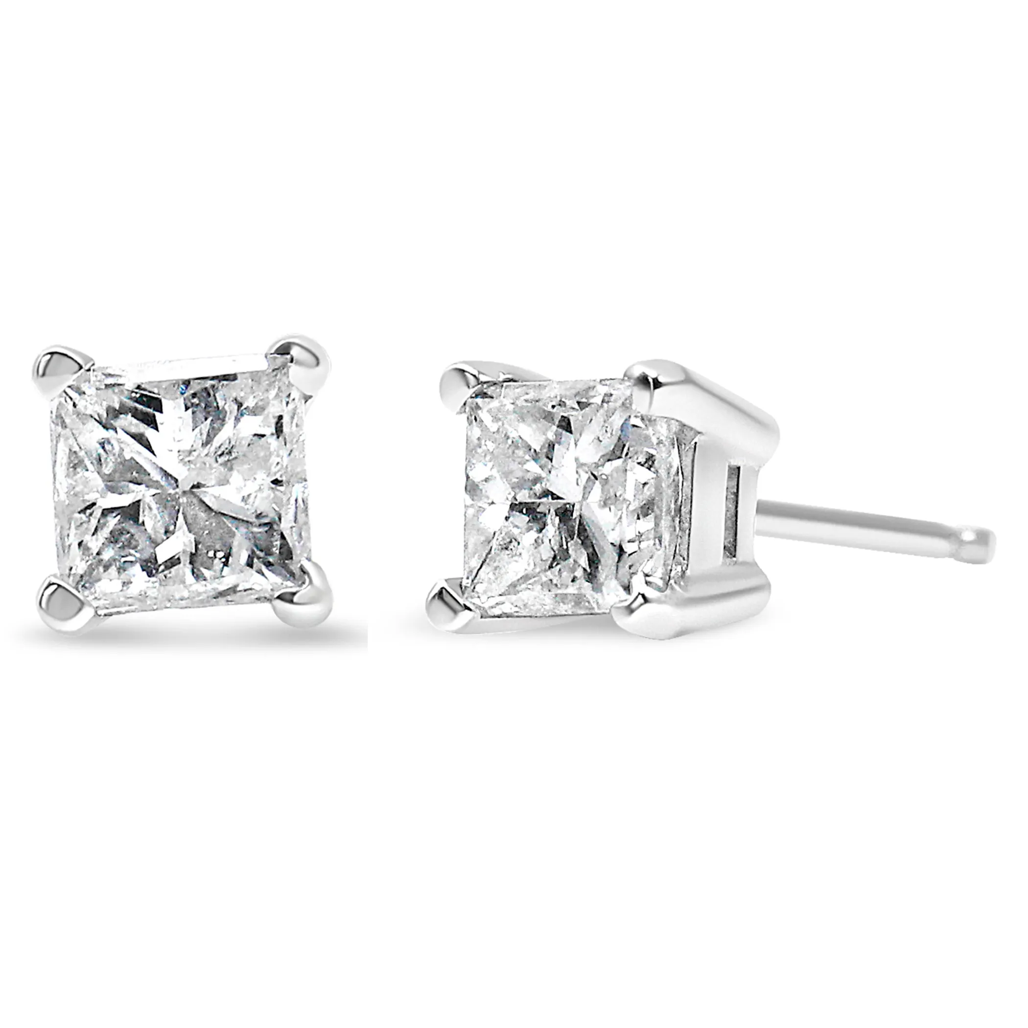 AGS Certified Princess-Cut Square Diamond 4-Prong Solitaire Stud Earrings in 14K Gold (J-K Color, I1-I2 Clarity)