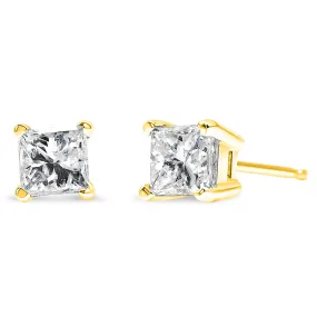 AGS Certified Princess-Cut Square Diamond 4-Prong Solitaire Stud Earrings in 14K Gold (P-Q Color, I1-I2 Clarity)