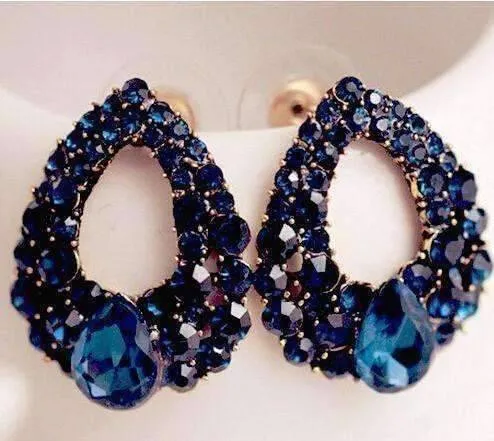 Alluring Sapphire Blue Austrian Gold Plated Cocktail Rhinestone Earrings For Woman