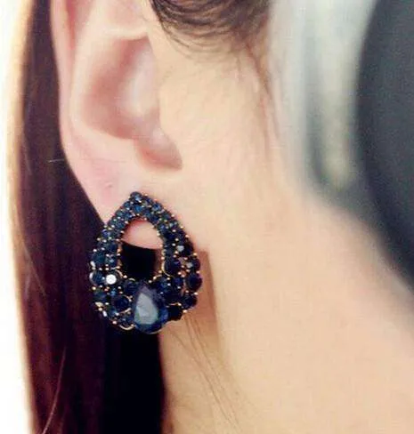 Alluring Sapphire Blue Austrian Gold Plated Cocktail Rhinestone Earrings For Woman