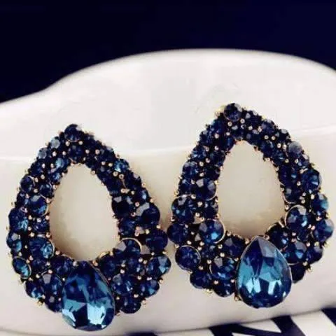 Alluring Sapphire Blue Austrian Gold Plated Cocktail Rhinestone Earrings For Woman