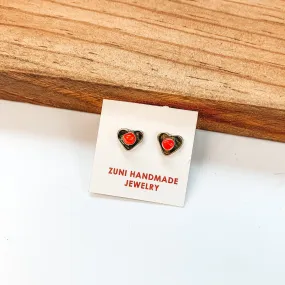 Angie Rosetta | Zuni Handmade Sterling Silver Heart Stud Earrings with Red Coral