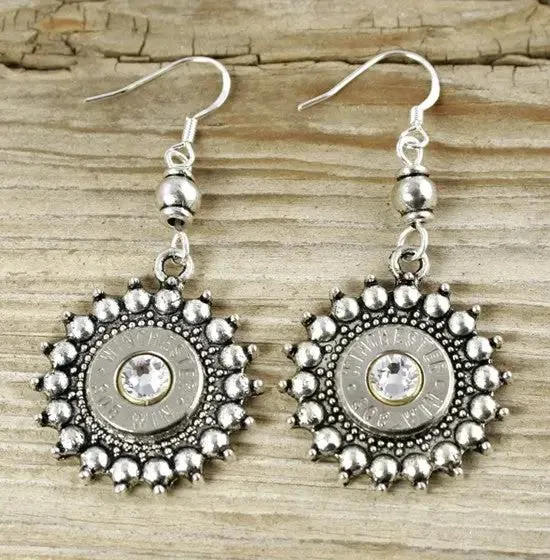 Antique Silver Sunshine Dangle Bullet Earrings, 30-06 Nickel