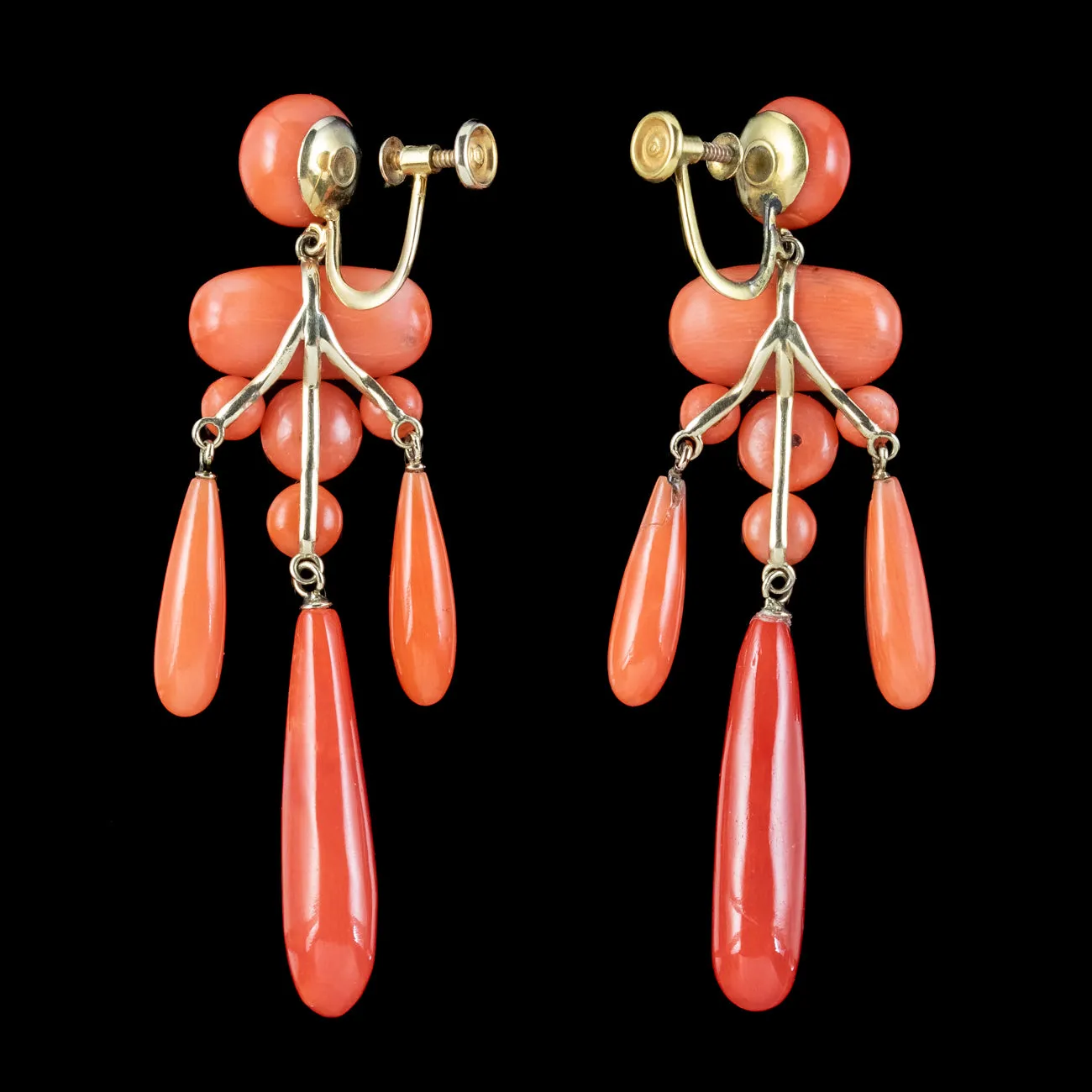 Antique Victorian Coral Chandelier Drop Earrings 18ct Gold