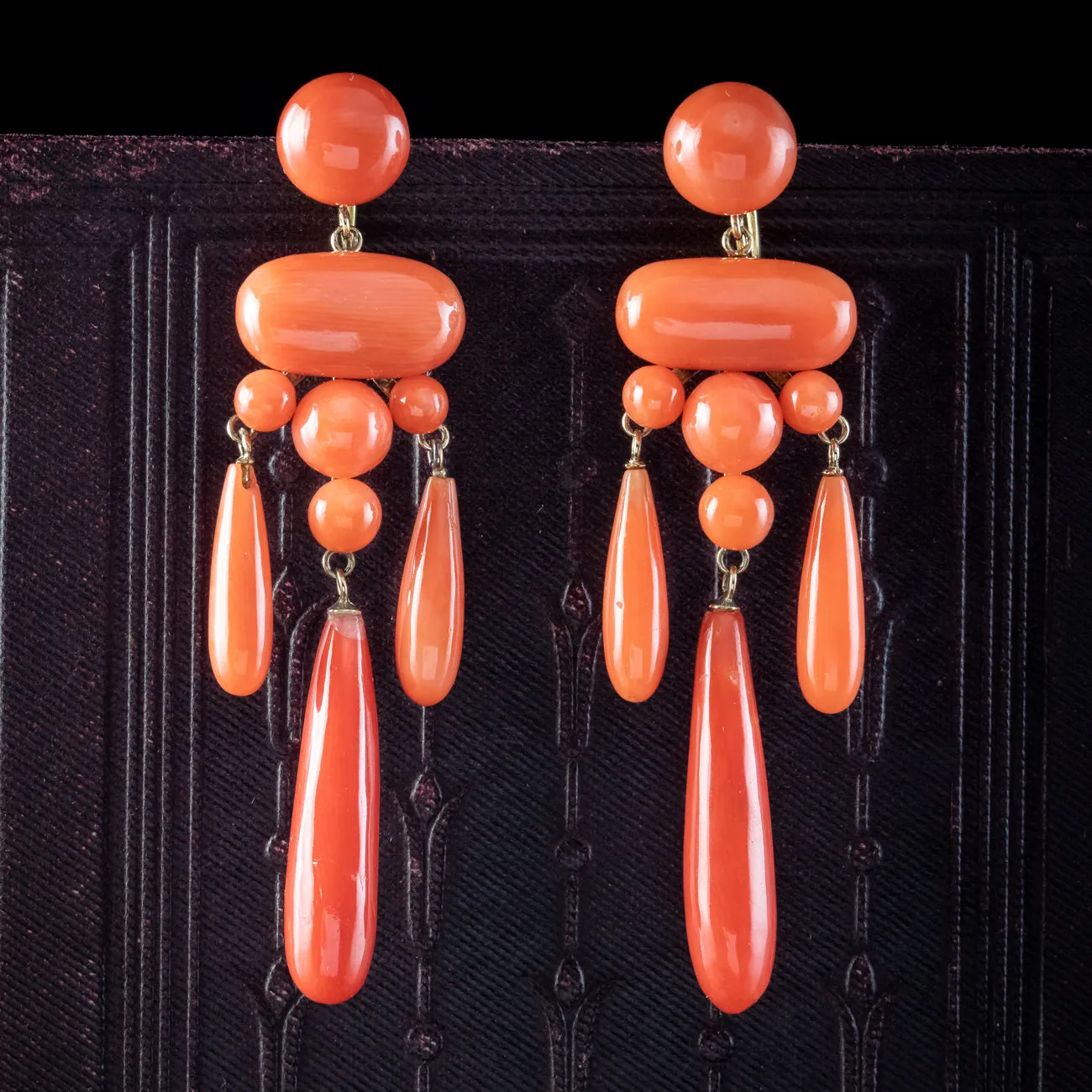 Antique Victorian Coral Chandelier Drop Earrings 18ct Gold