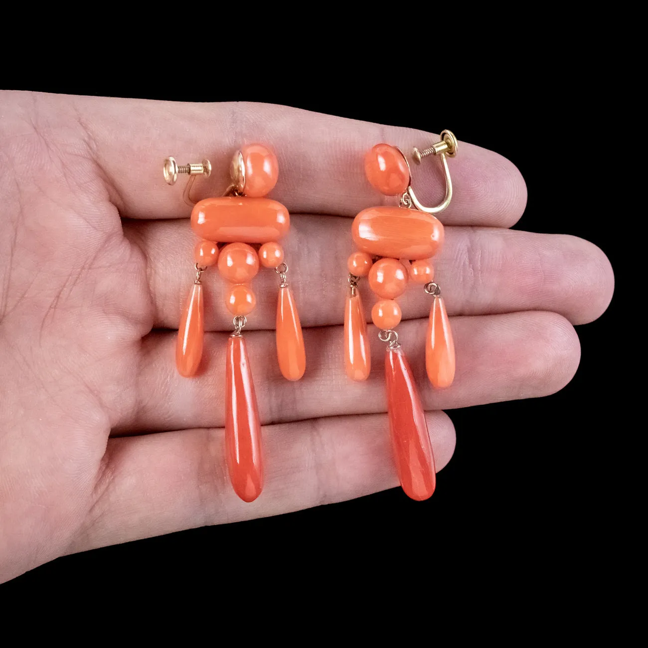 Antique Victorian Coral Chandelier Drop Earrings 18ct Gold