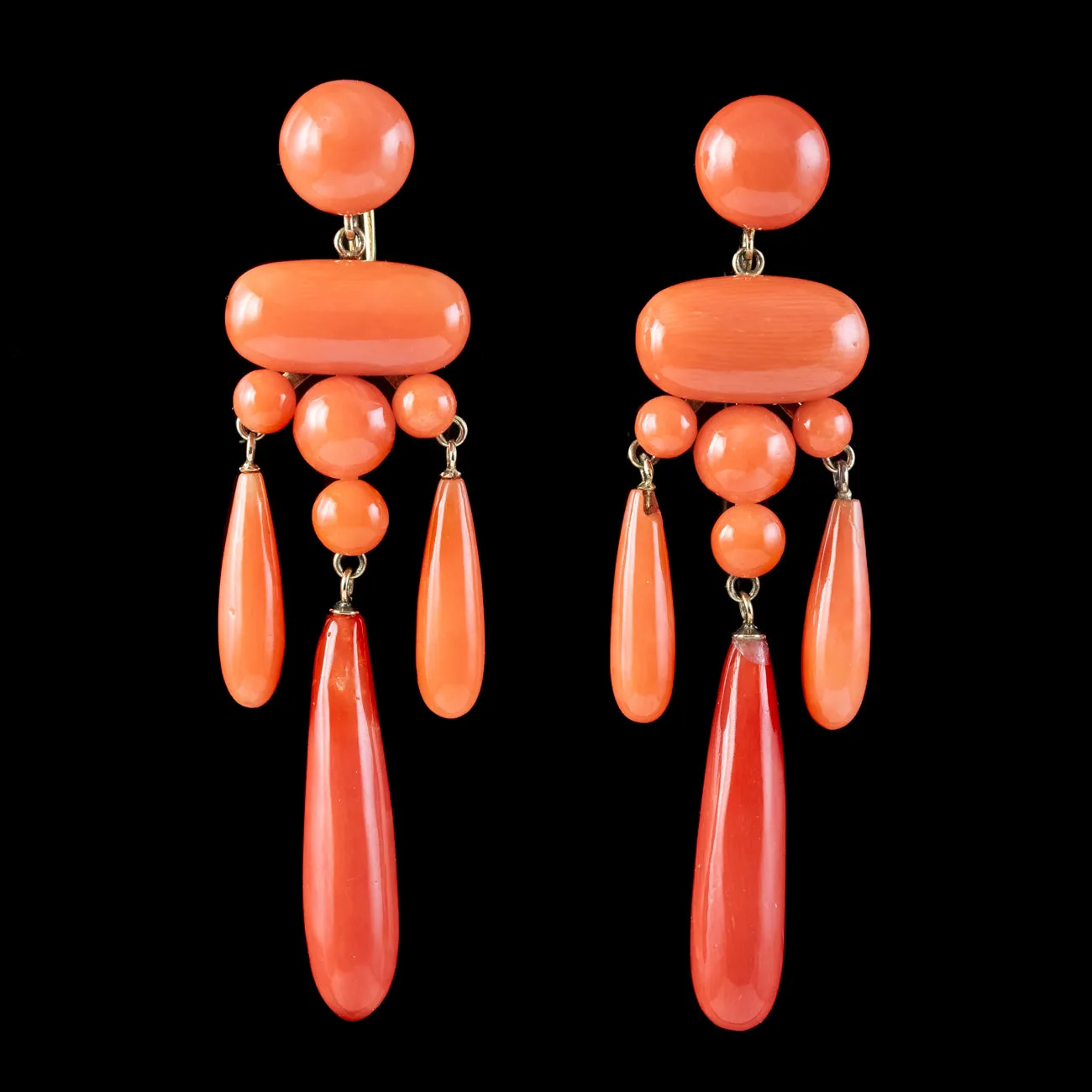 Antique Victorian Coral Chandelier Drop Earrings 18ct Gold