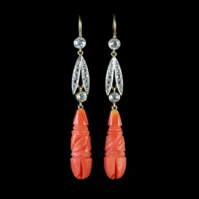 Antique Victorian Coral Earrings Diamond 18Ct Gold Circa 1900