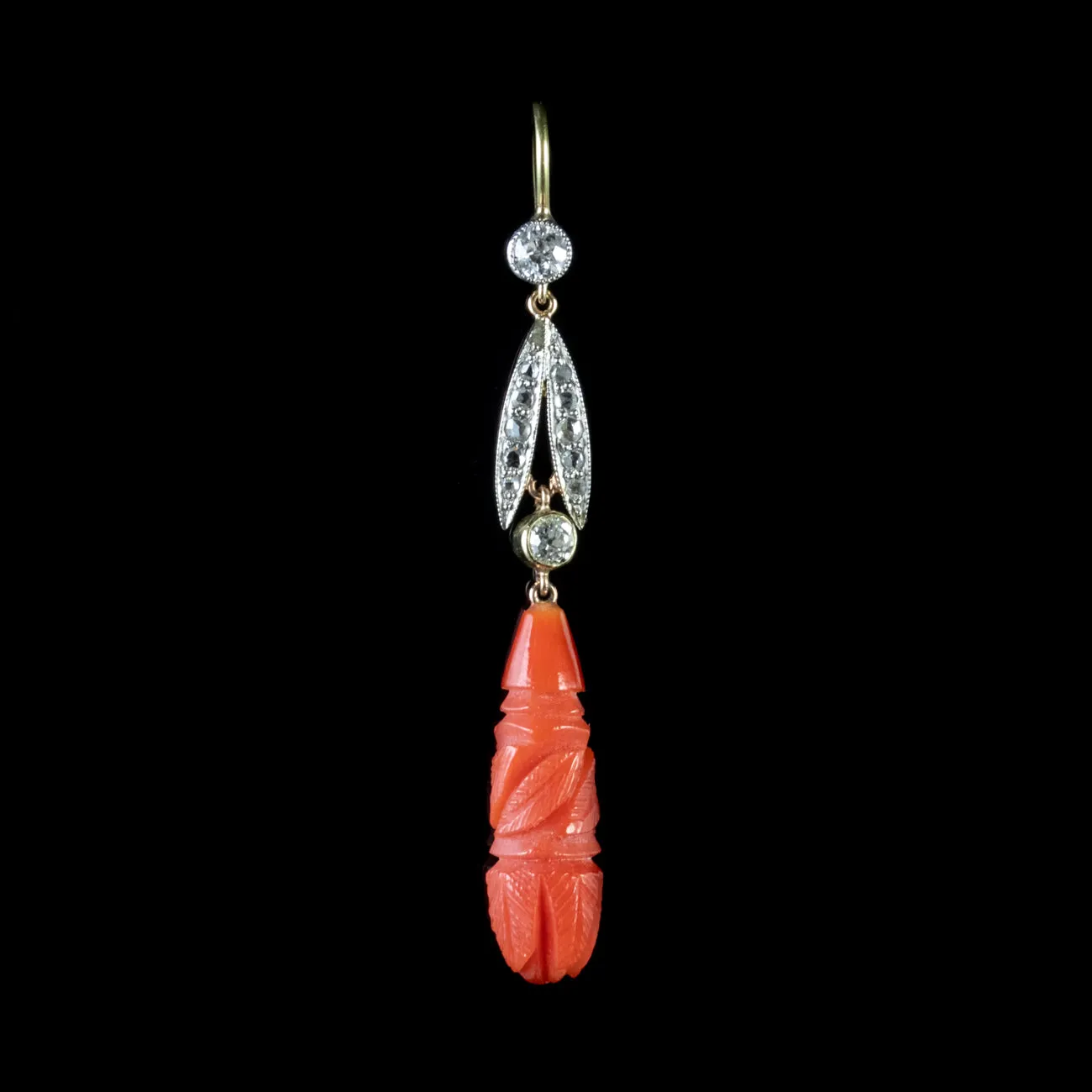 Antique Victorian Coral Earrings Diamond 18Ct Gold Circa 1900