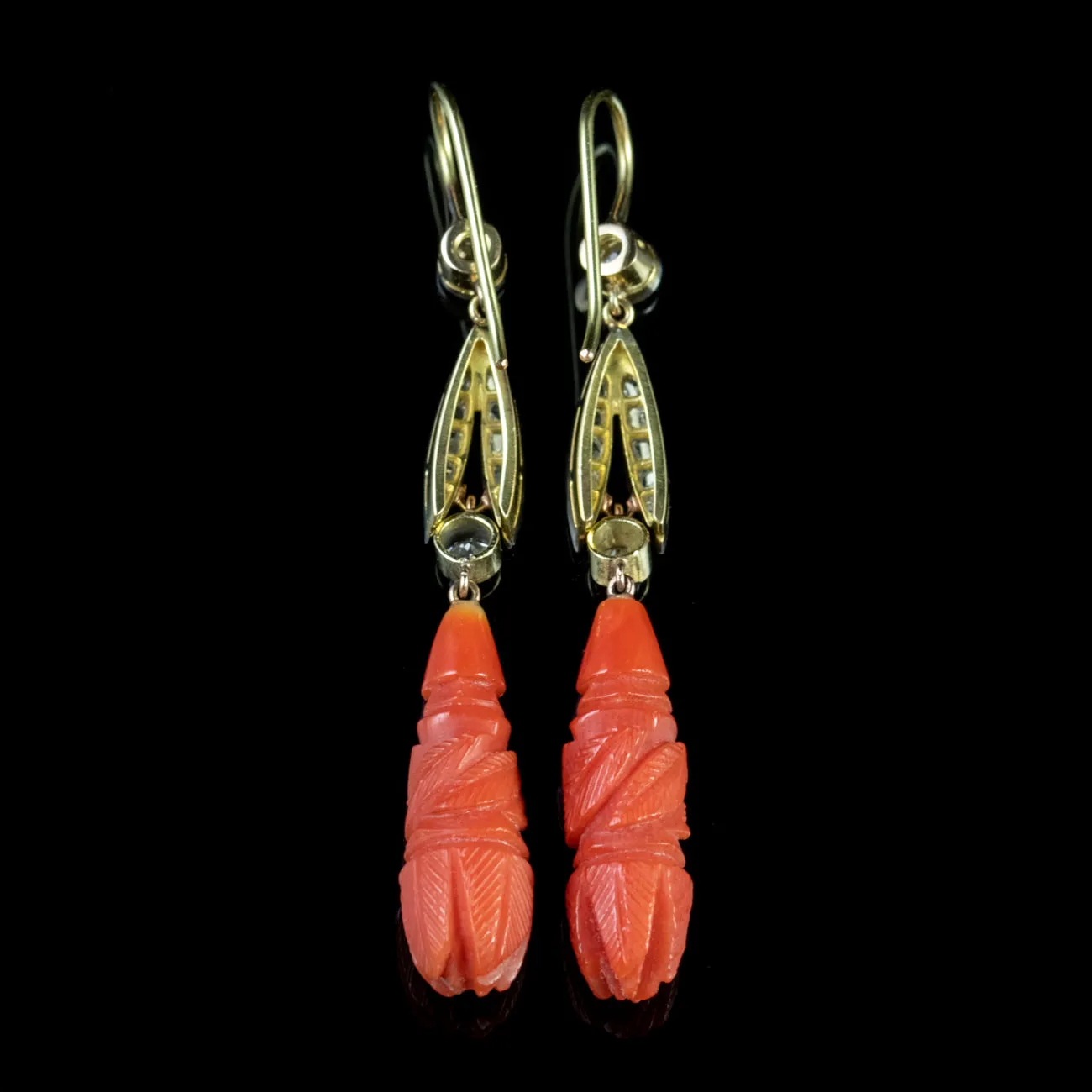 Antique Victorian Coral Earrings Diamond 18Ct Gold Circa 1900