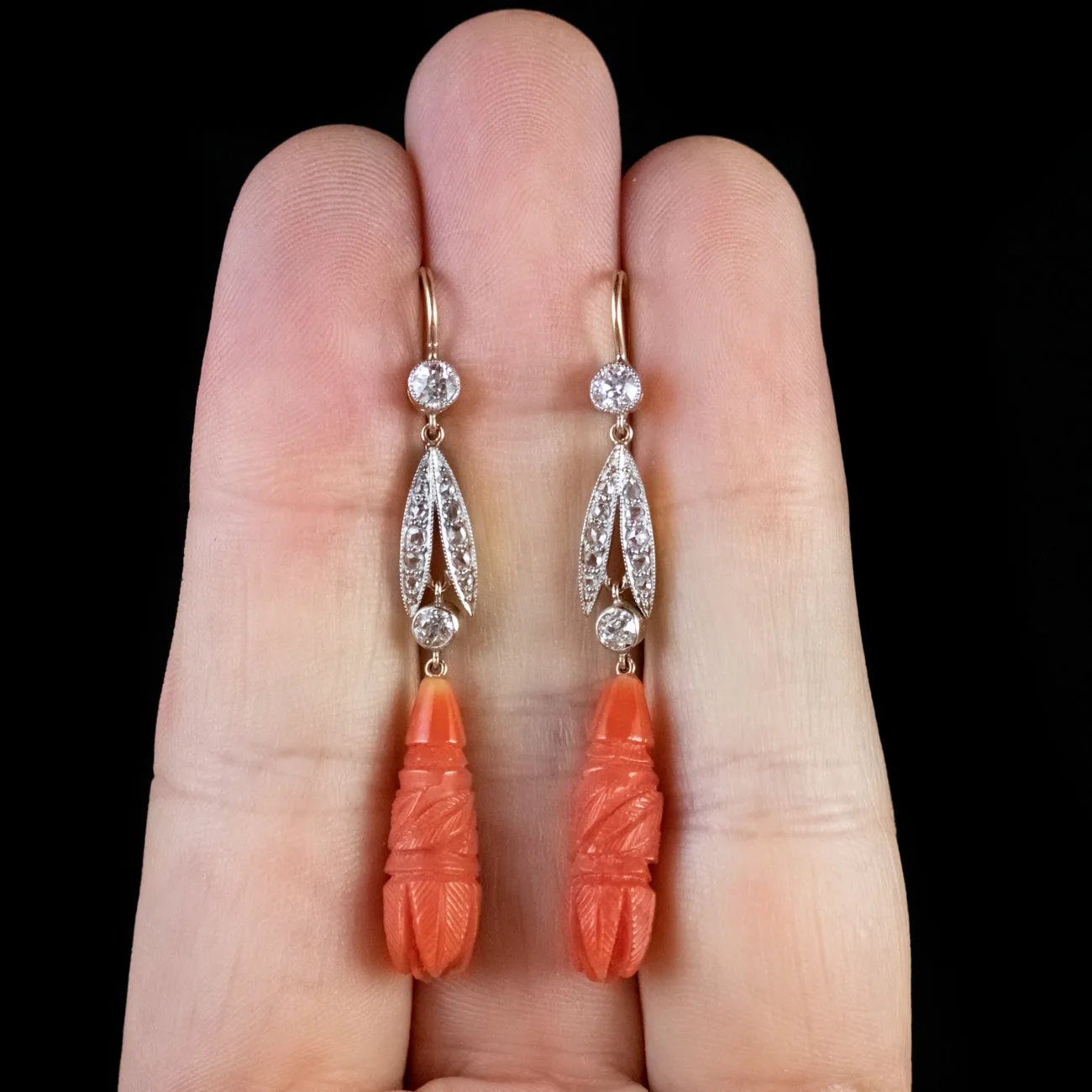 Antique Victorian Coral Earrings Diamond 18Ct Gold Circa 1900