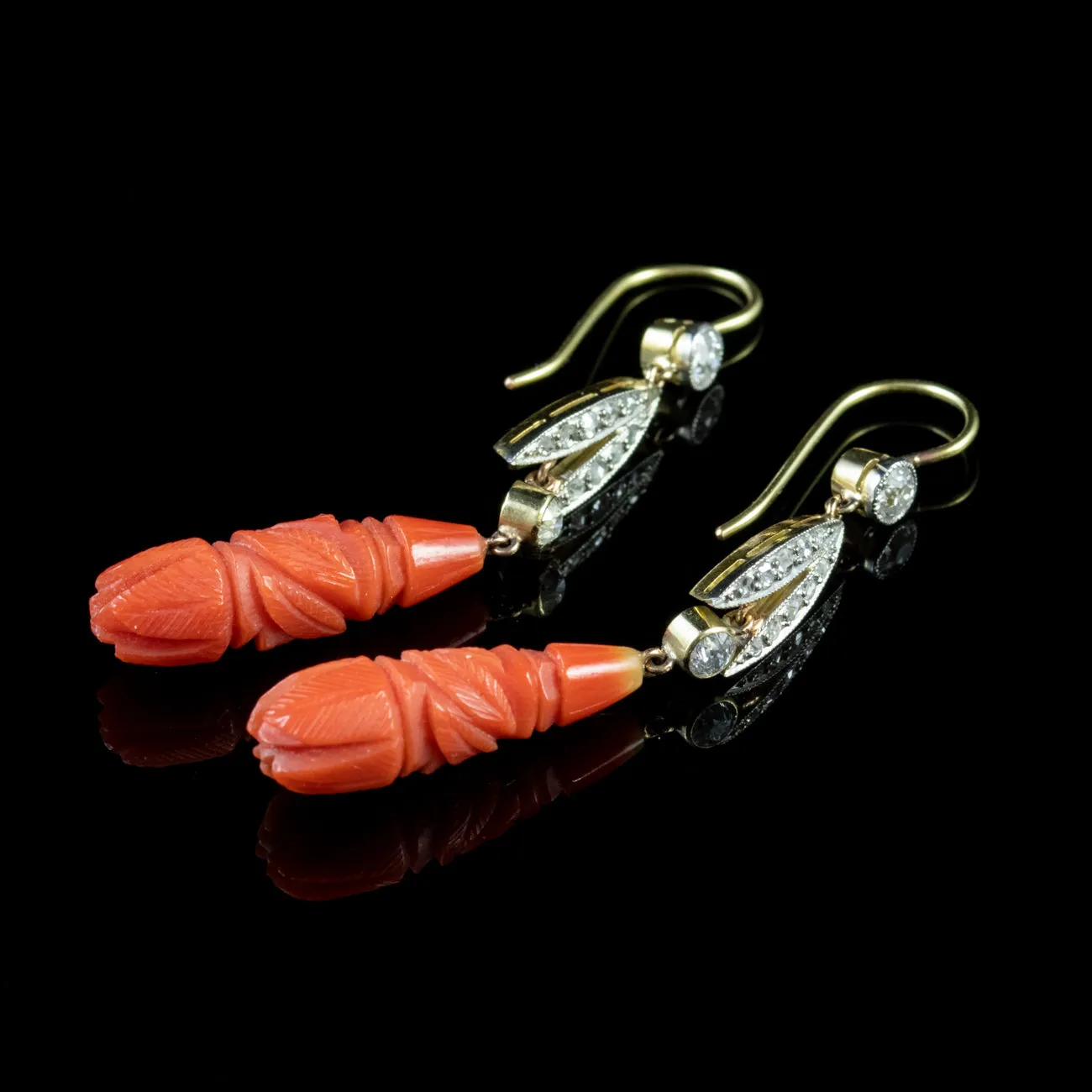 Antique Victorian Coral Earrings Diamond 18Ct Gold Circa 1900