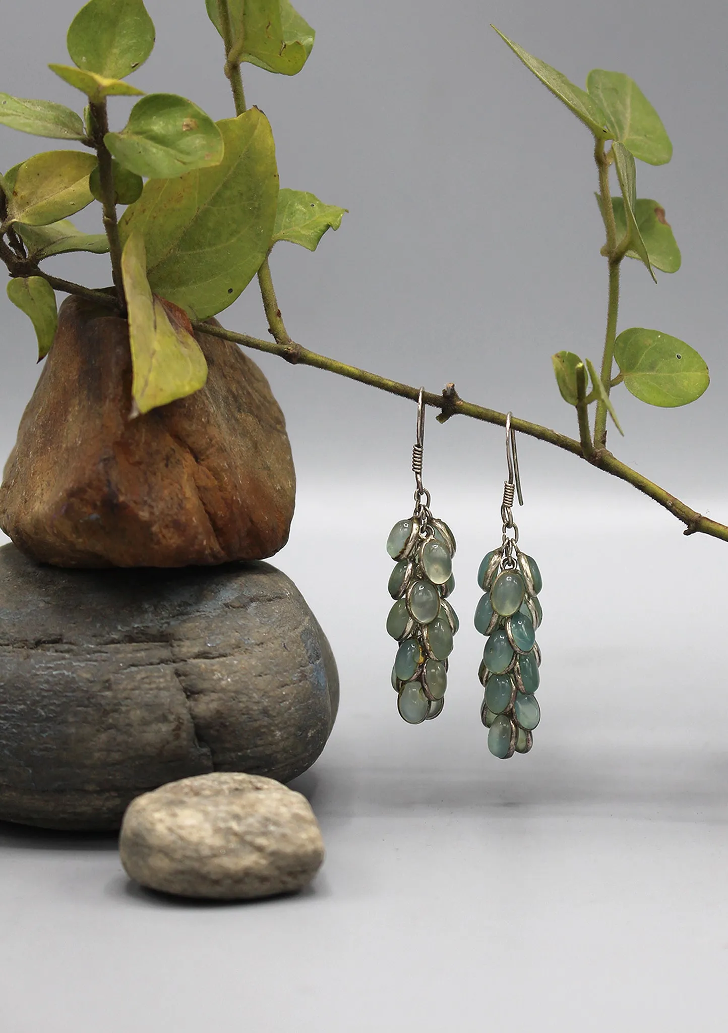 Aqua Marine Stone Beaded Sterling Silver Drop Earrings