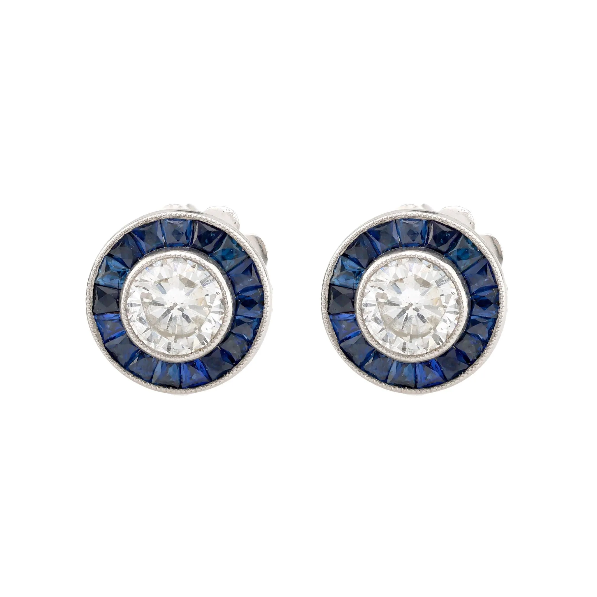 Art Deco Inspired Diamond Sapphire Platinum Target Studs